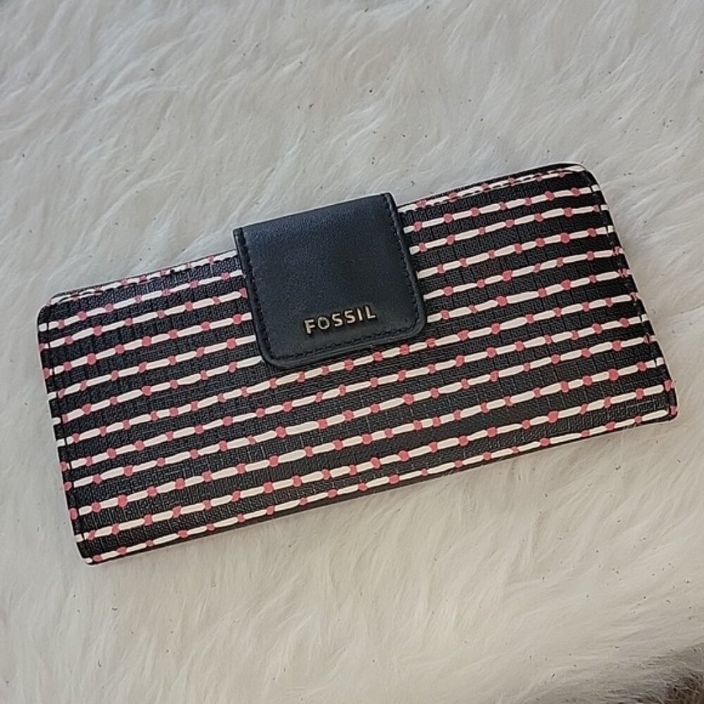 FOSSIL Black White Striped Pink Red Polk Dot Snap Closure Bi-Fold Long Wallet
